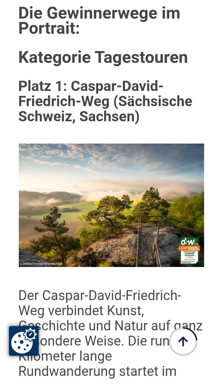 Auszeichnung des Wandermagazins: Der Caspar-David-Friedrich-Weg gewinnt Platz 1 der Tagestouren