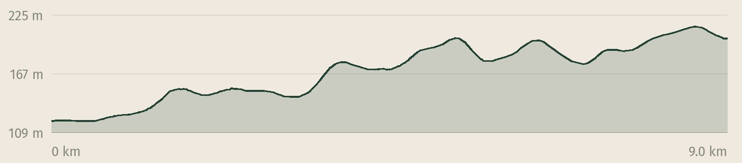 Höhenprofil der Tour Flößersteig: 165 Höhenmeter Anstieg auf 9,0 km